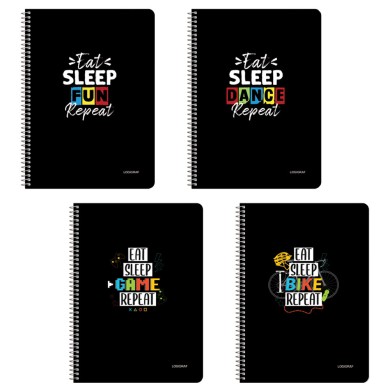 EAT SLEEP REPEAT Τετράδιο Σπιράλ με Wirelock A4/21Χ29 2 Θέματα 60 Φύλλα Πακέτο 10τμχ