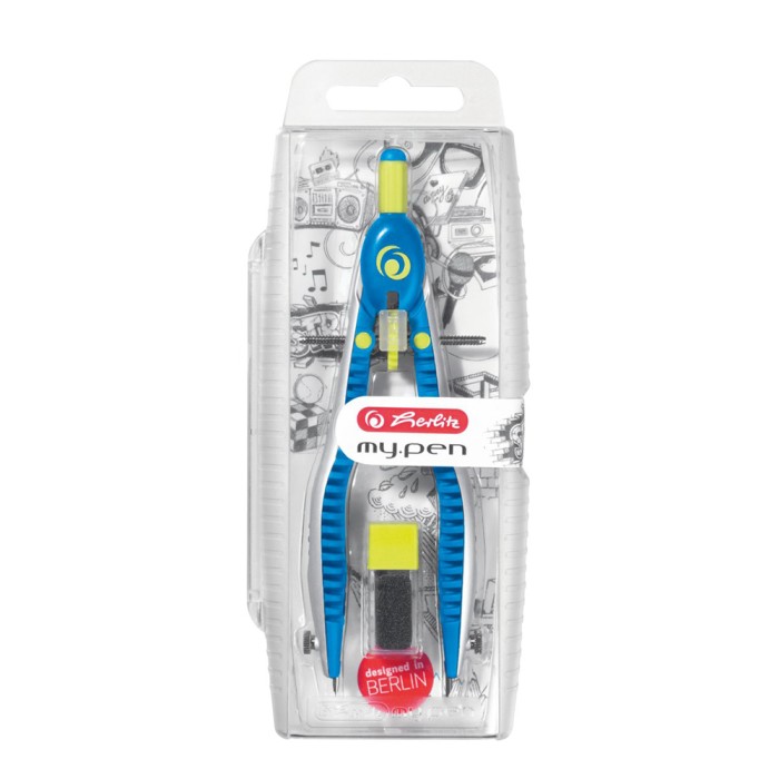 HERLITZ Διαβήτης Σχεδίου Γίγας My.Pen Σε Πλαστική Θήκη + Ανταλλακτικά Μπλε-Λάιμ - Συσκευασία 4τμχ