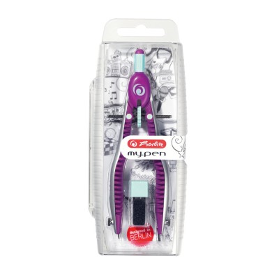 HERLITZ Διαβήτης Σχεδίου Γίγας My.Pen Σε Πλαστική Θήκη + Ανταλλακτικά Λιλά-Μέντα - Συσκευασία 4τμχ