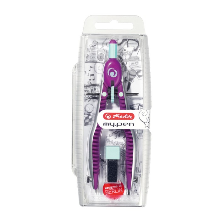 HERLITZ Διαβήτης Σχεδίου Γίγας My.Pen Σε Πλαστική Θήκη + Ανταλλακτικά Λιλά-Μέντα - Συσκευασία 4τμχ