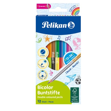 PELIKAN Δίχρωμες Ξυλομπογιές 12 Χρώματα - Συσκευασία 10τμχ