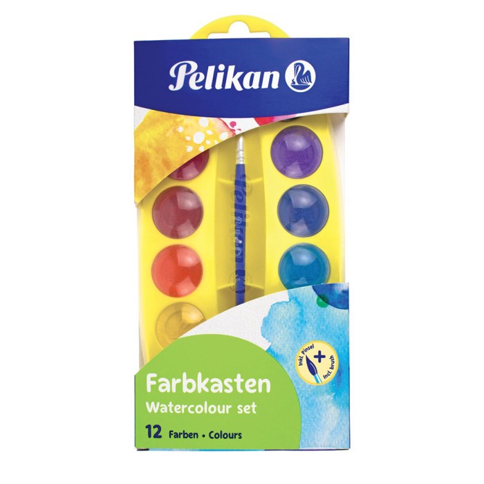 PELIKAN Junior Σετ Νερομπογιές με Πινέλο και Βάση (Μπλε, Κίτρινη, Λευκή, Πράσινη, Κόκκινη) - Συσκευασία 10τμχ