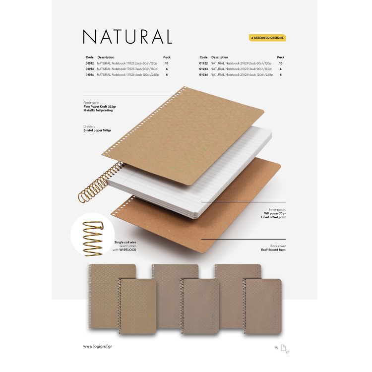 NATURAL Wirelock Notebook B5/17Χ25 4 Subjects 120 Sheets 6pcs
