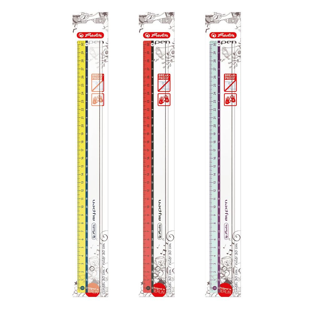 HERLITZ Plastic Ruler 30cm My.Pen 3 Assorted Colours - 9pcs Package
