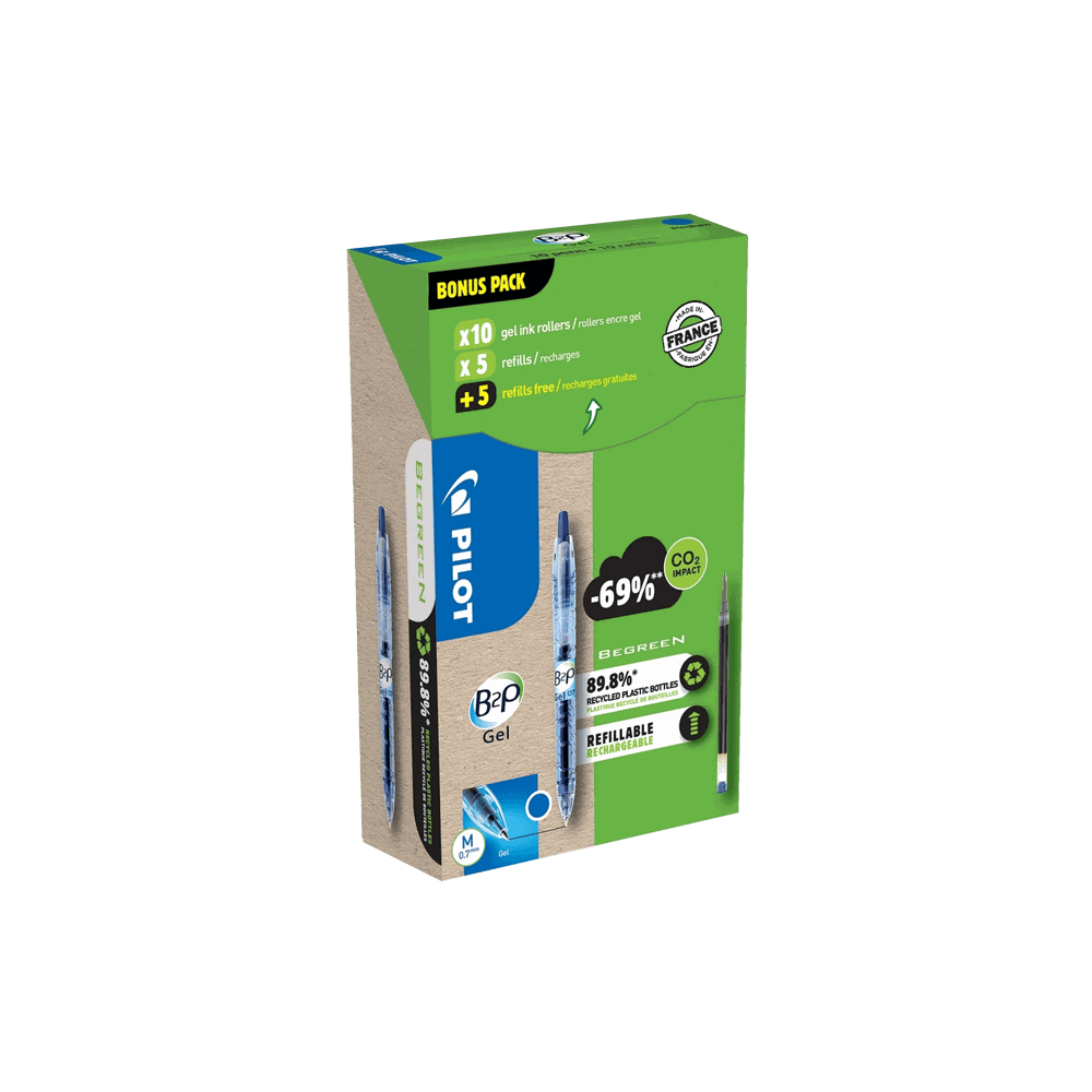 Gel Pen Blue 0.7mm PILOT BEGREEN B2P, in 10pcs Box & 5xRefills +5 free