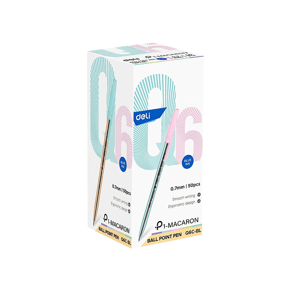 Ballpoint Pen 0.7mm DELI MACARON Blue, in 6-colours (Pack of 50pcs)