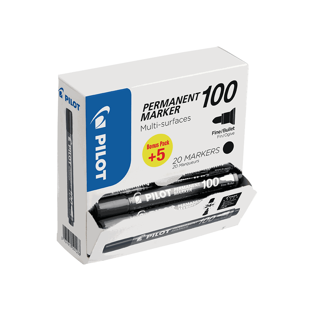 Permanent Marker PILOT 100 Fine Black, Pack of 20pcs (15+5 free)